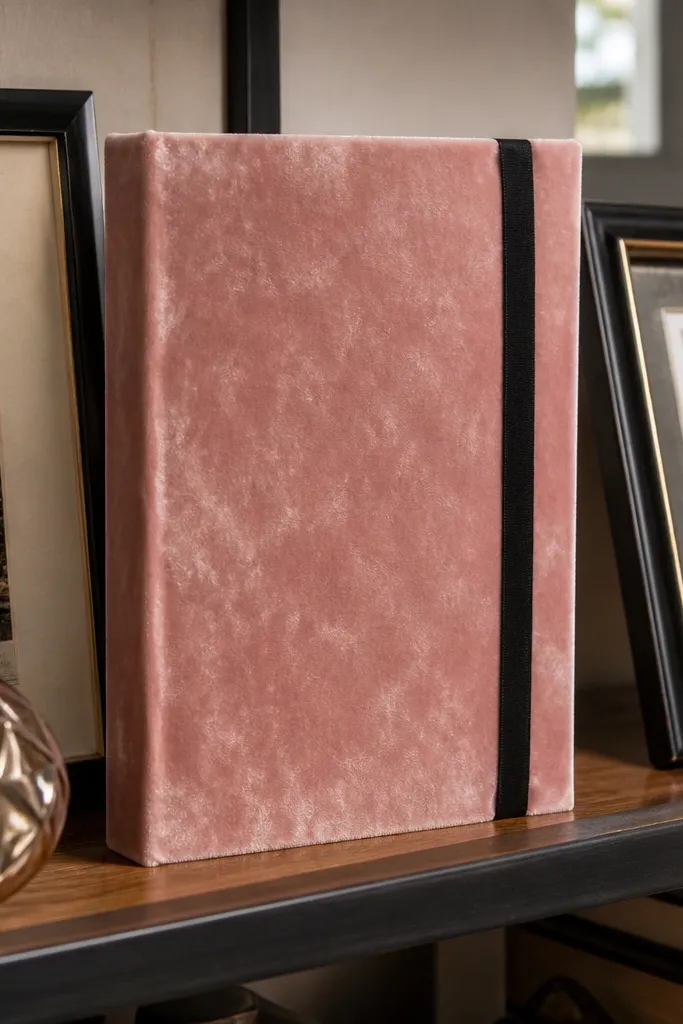 Blush velvet journal cover with a thin black ribbon band on the spine