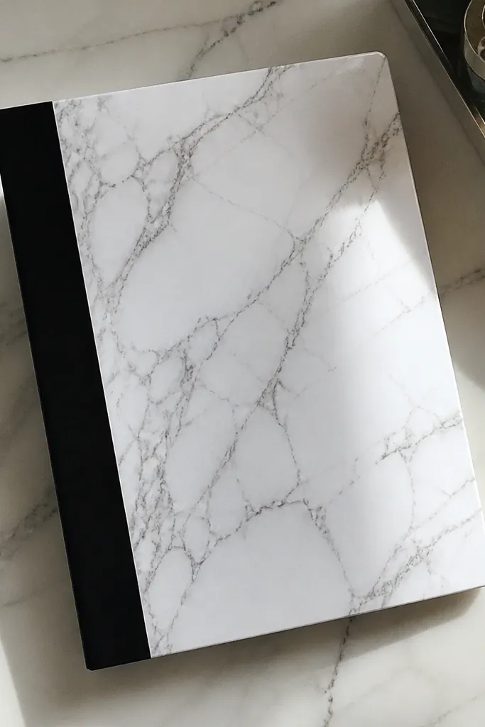 White marble-look vinyl journal cover with a thin black stripe on the spine
