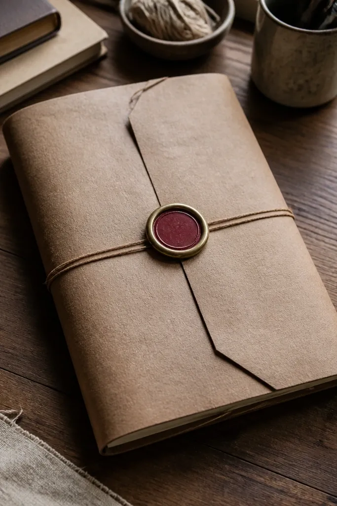 Brown kraft paper journal cover with a round wax-seal style medallion