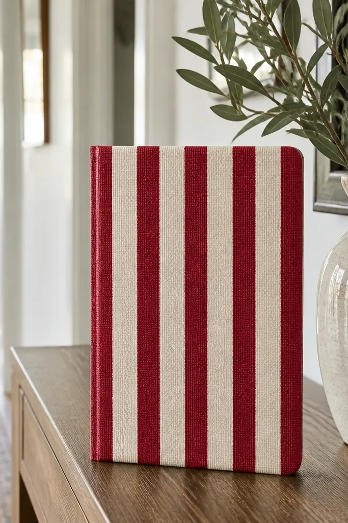 Red and cream striped fabric journal cover with an elastic pen band inside