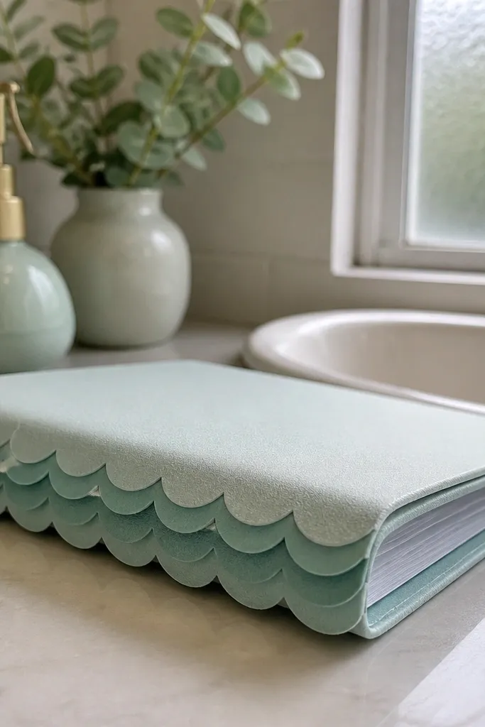 Seafoam journal cover with layered scallop trim along the edges