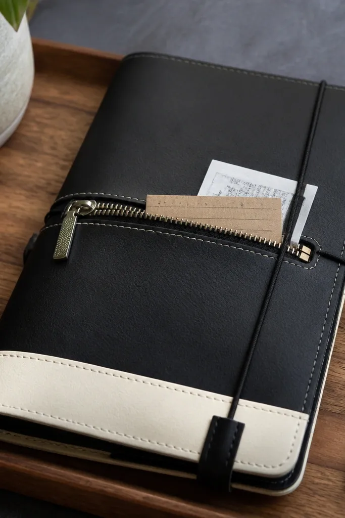 Black-and-cream journal cover with a centered zipper pocket on the front