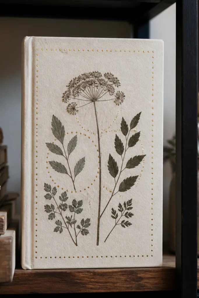 Ivory journal cover with pressed botanical silhouette and a gold dot border