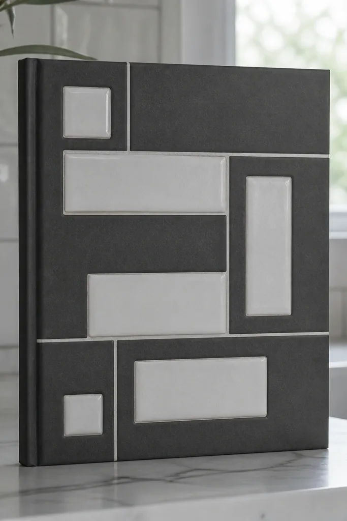Charcoal journal cover with white faux-ceramic tile inserts and thin grout lines