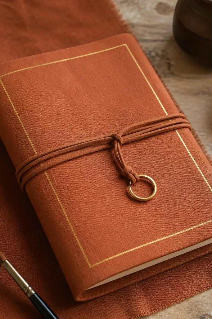 Terracotta linen journal cover with a thin hand-painted gold line border