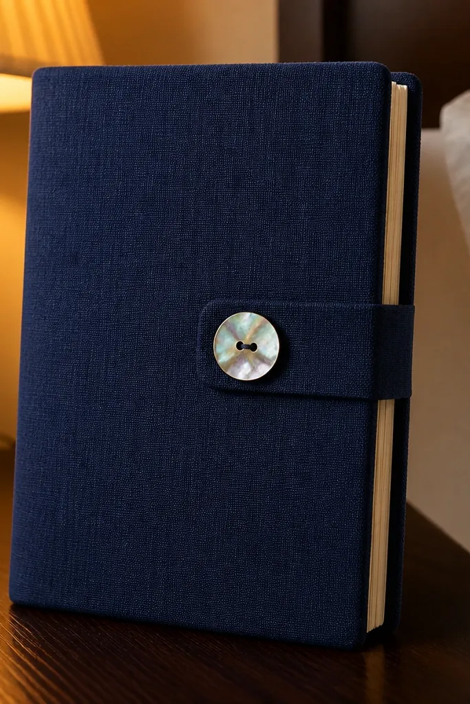 Midnight navy fabric journal cover with a round faux mother-of-pearl button centerpiece