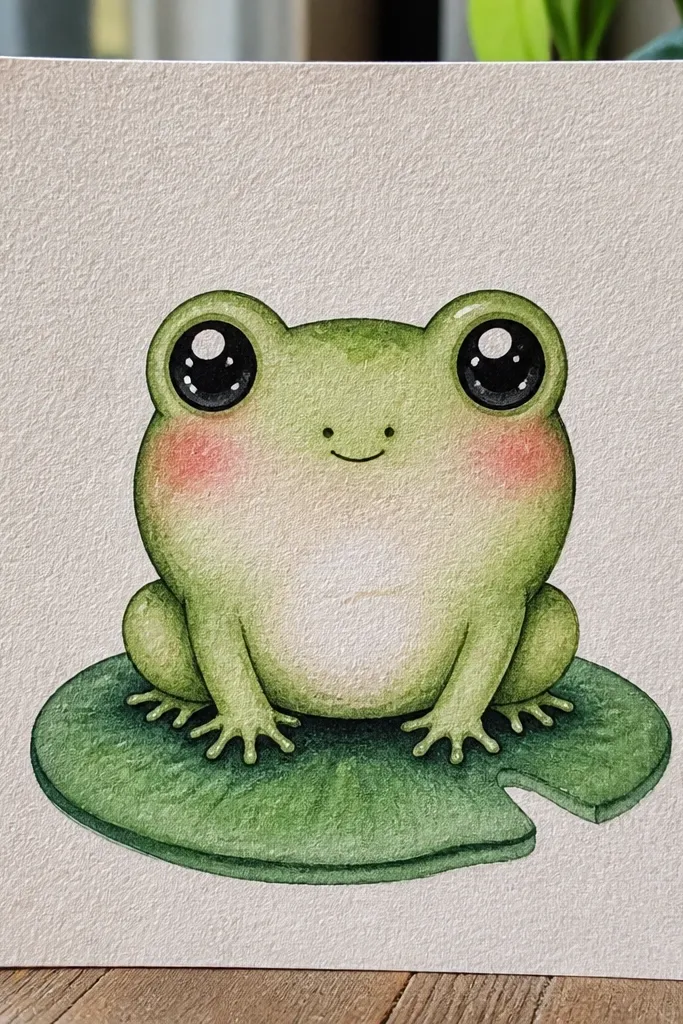 Kawaii frog with blush cheeks sitting on a green lily pad with three bubbles