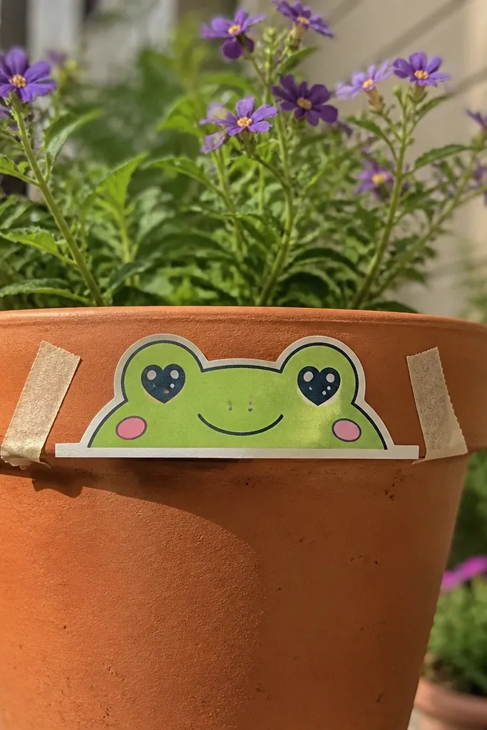 Green frog peeking out of a flower pot with heart-shaped eyes