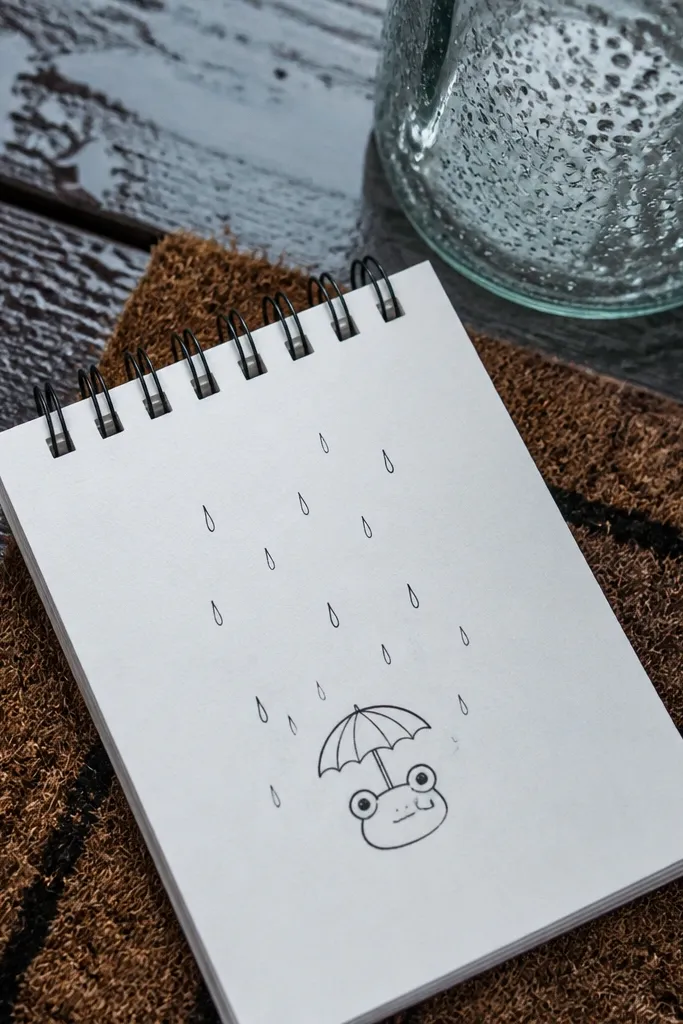Cute frog holding a small umbrella with falling raindrops