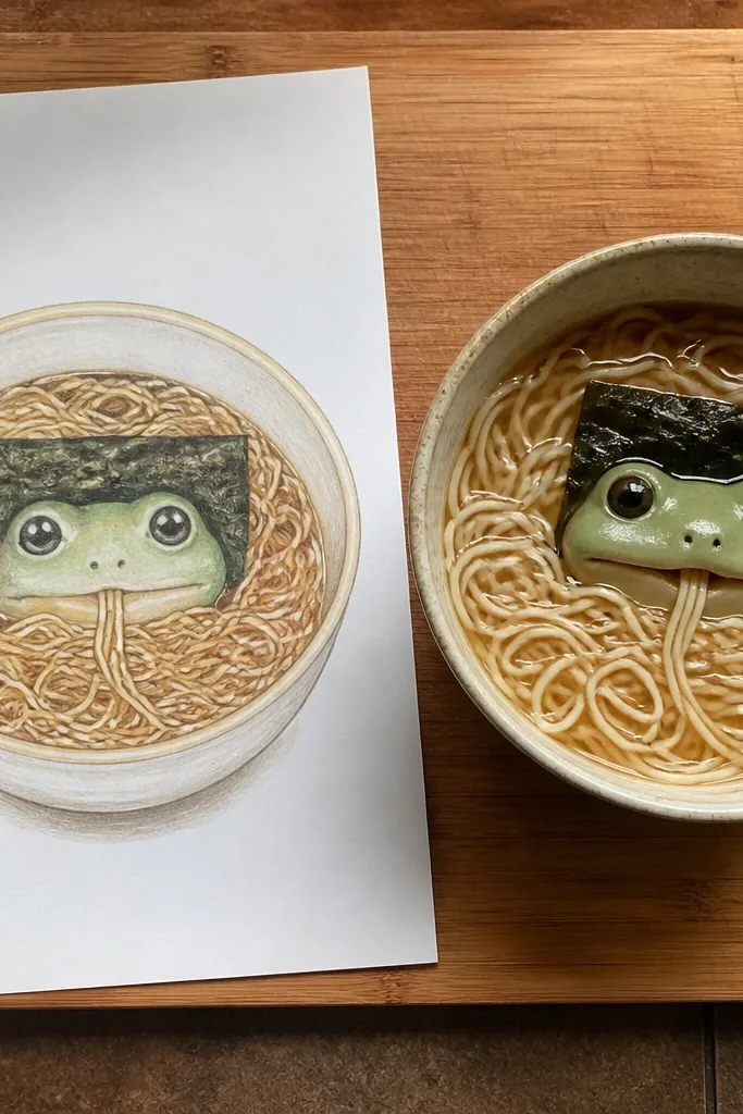 Frog face peeking from a bowl with noodles and seaweed