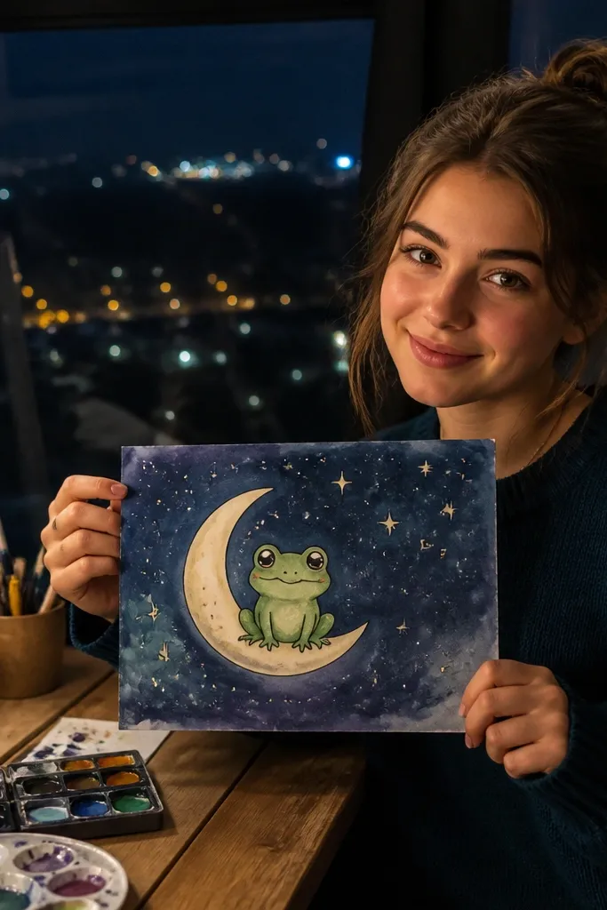 Kawaii frog sitting on a crescent moon with star sparkles