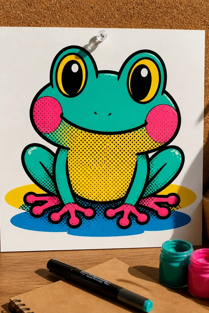Kawaii frog with bold outlines and halftone dots in bright colors