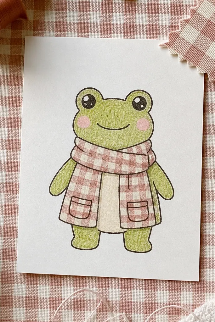 Kawaii frog wearing a gingham scarf and small pocket-like details
