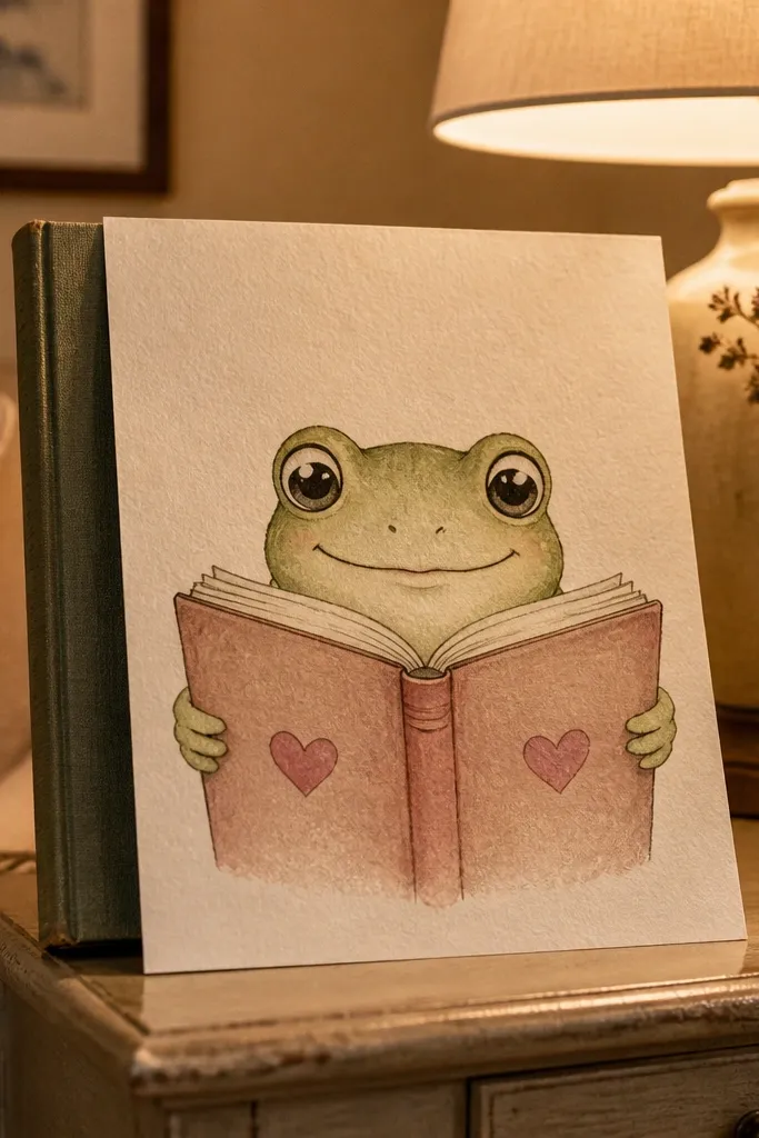 Kawaii frog sitting and reading a book with heart shapes on the pages