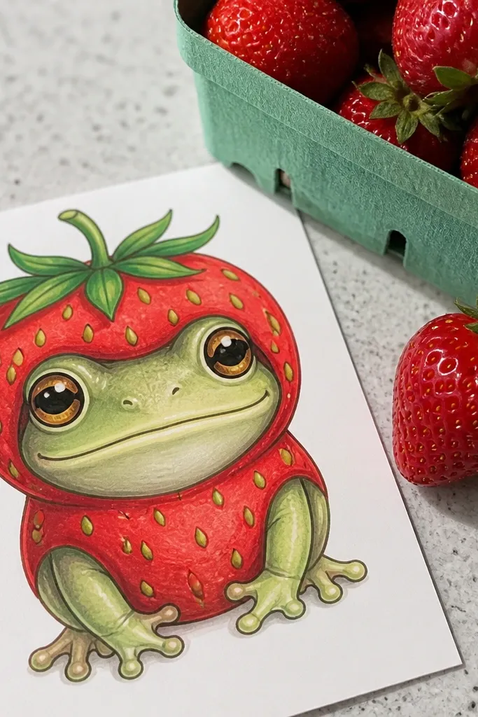 Kawaii frog wearing a strawberry outfit with tiny green seeds