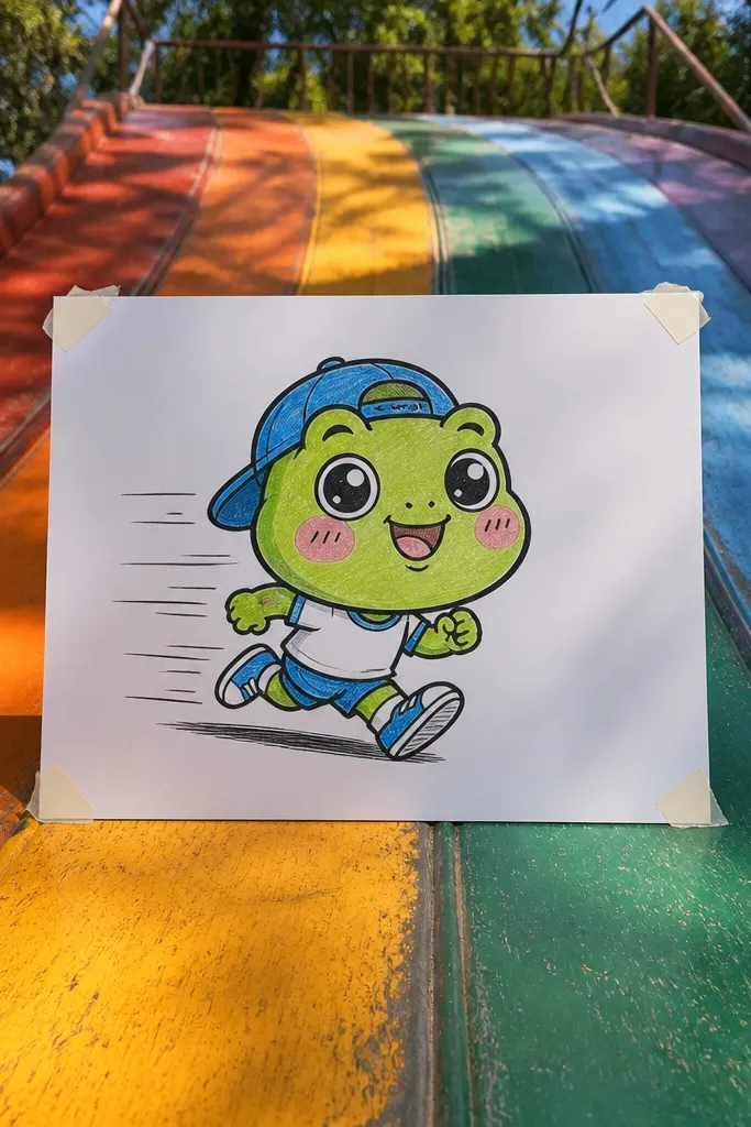 Small chibi frog sliding down a rainbow with simple motion lines