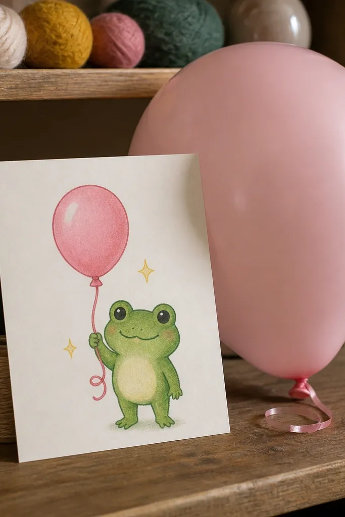 Kawaii frog holding a balloon with a ribbon tied near its hands