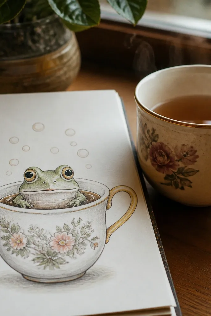 Kawaii frog peeking out of a teacup with small floating bubbles