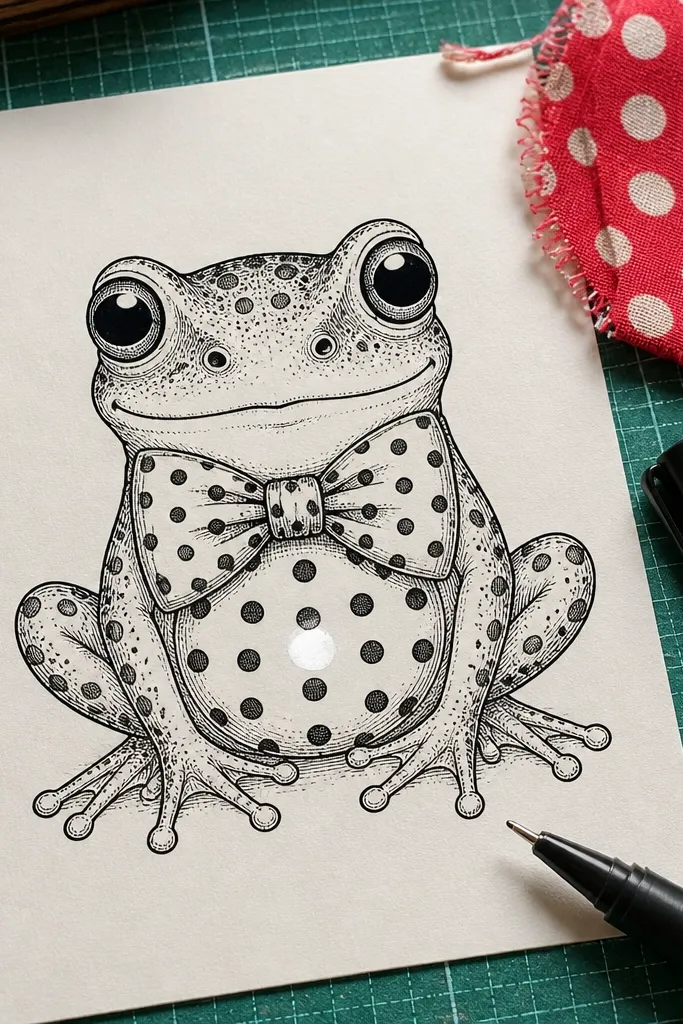 Kawaii frog with a bowtie and polka dots on its belly