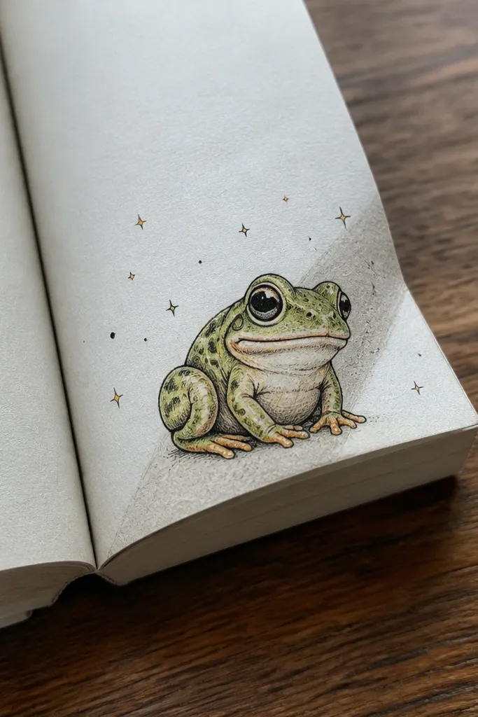 Kawaii frog sitting on a curled book page corner with tiny stars