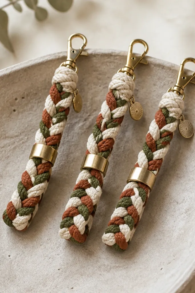 A set of braided keychains made from three colors of cotton cord (cream, rust, and olive). Each has a small metal adjustable slider and a neat knot near the clasp, with a tiny charm tag hanging from the side.
