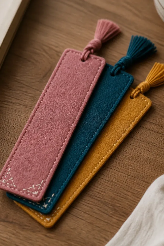 Three felt bookmarks stacked together on a wooden desk. Each is a different color: dusty rose, deep teal, and mustard, with small stitched corner details and a tiny tassel at the top.