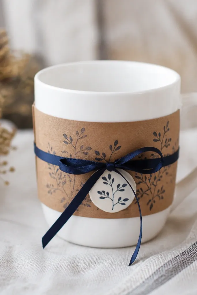 A white ceramic mug with a handmade label wrapped around the middle. The label is kraft paper with a stamped design, tied with a thin satin ribbon in navy, and a small sticker seal at the knot.