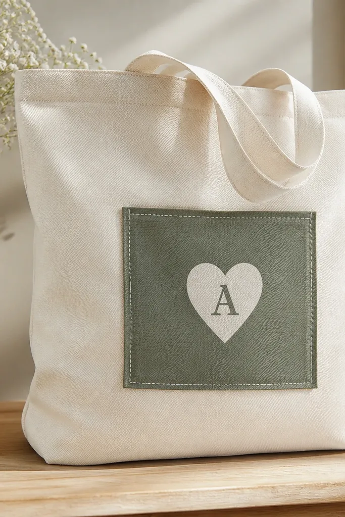 A canvas tote bag with a small pocket patch on the front. The pocket is a contrasting fabric rectangle with a heat-transfer vinyl heart and a name initial, plus a stitched border look using thread.
