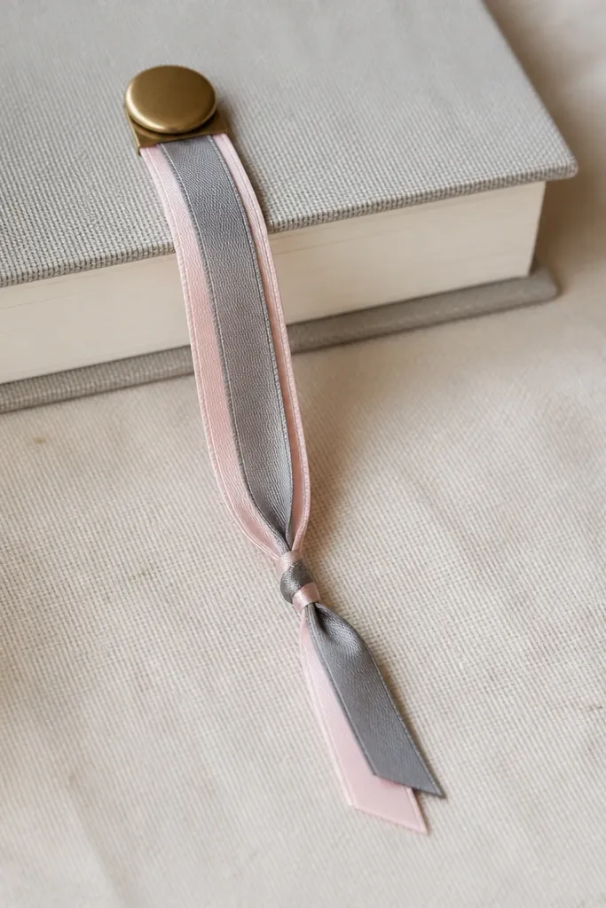 A ribbon bookmark with a small metal button clip at the top. The ribbon is layered - two widths of satin in blush and gray - with a tiny knot and clean ends.