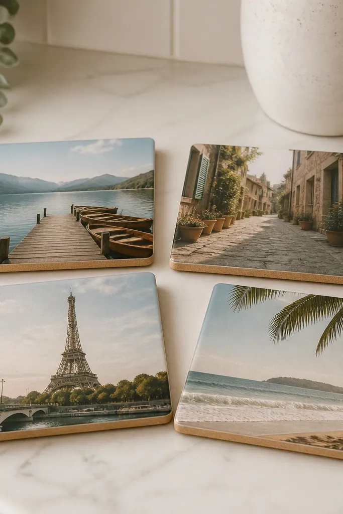 Four square coasters on a kitchen counter. Each shows a different photo transfer image with a glossy clear coat, set on light cork backed squares with clean edges.