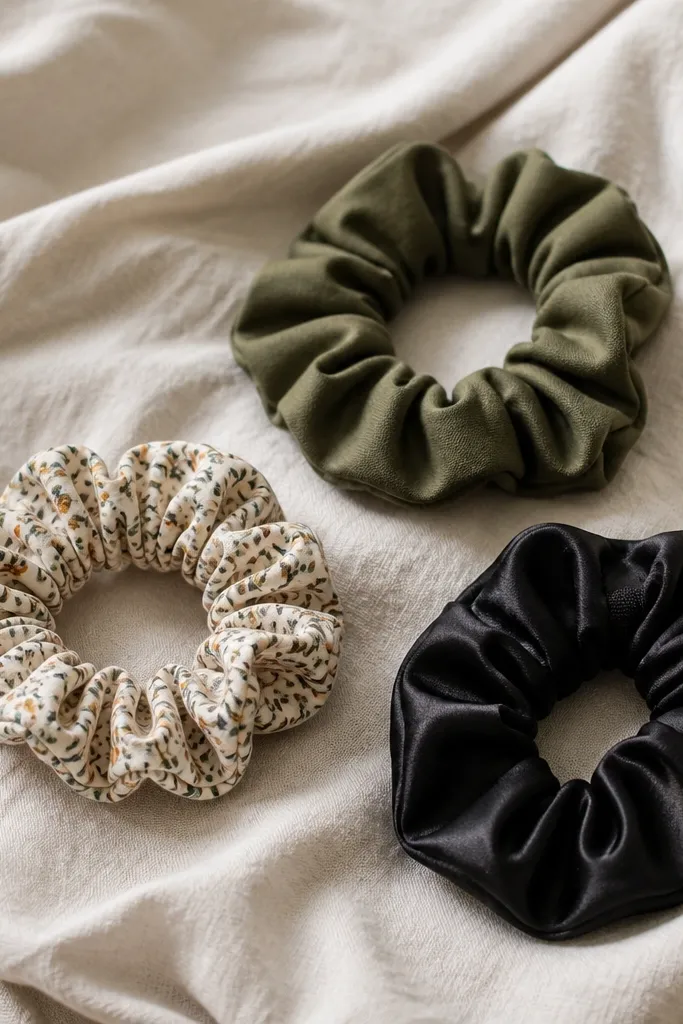 A set of three scrunchies on a bedspread. Each has a different fabric: patterned cotton, solid olive, and black satin with a visible folded seam and a small elastic loop inside.