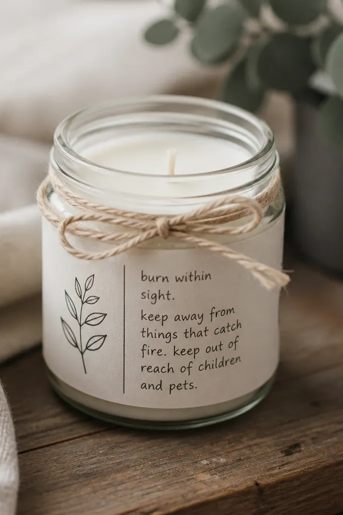 A small jar candle wrapped with a hand-lettered paper label and a twine bow. The label includes a simple icon and a short burn-safe note in neat handwriting.