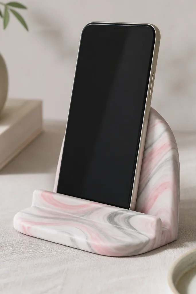 A marbled air-dry clay phone stand with white, pale pink, and gray swirls. It has a smooth base and a curved back that holds a phone upright.