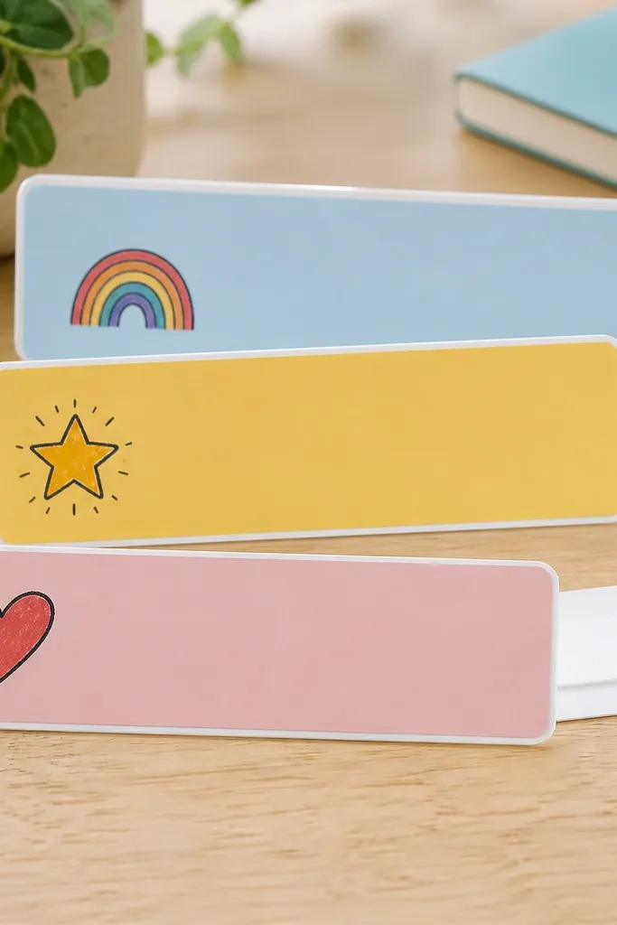 A set of three laminated desk nameplates with rounded corners. Each has a different color background and a hand-drawn icon, plus a small adhesive strip on the back.