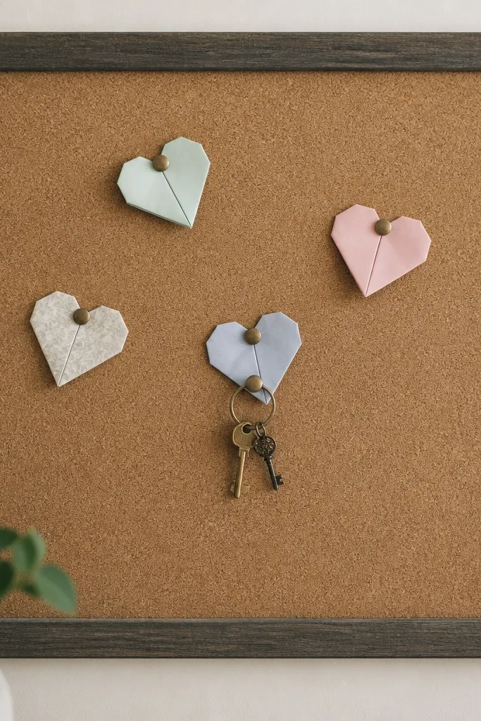A cork board with a few small origami hearts pinned in place. One heart holds a tiny key ring, and the cork has a neat border of painted stain.