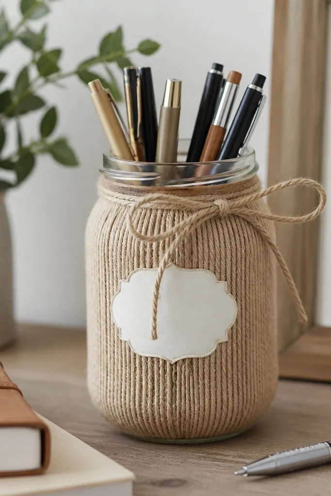 A mason jar wrapped in tan twine with a neat vertical pattern. The jar has a small painted label and a twine bow, sitting on a desk with pens nearby.