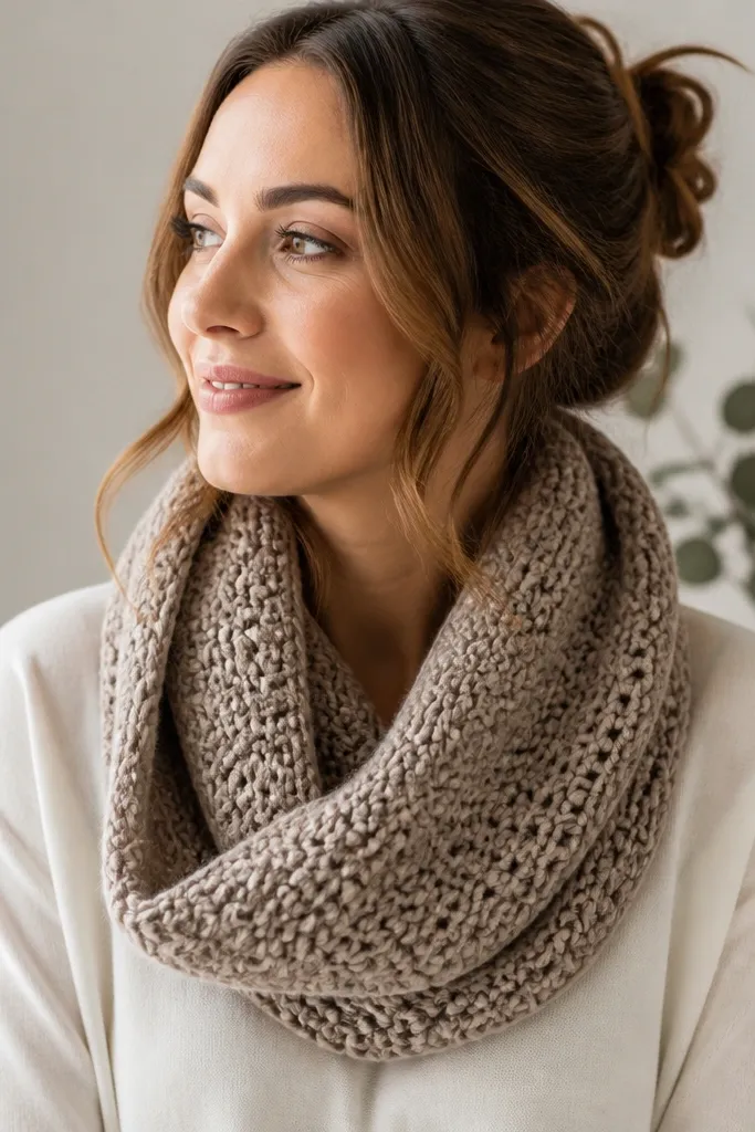 An infinity scarf made with chunky yarn and a simple looped pattern. It looks crochet-like with consistent rows and a soft drape.