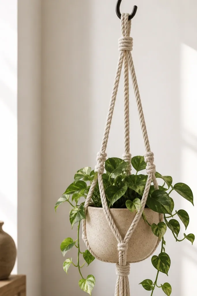 A macrame-style plant hanger hanging from a hook. It has a simple knot pattern with three cords and a rounded knot at the top, made with natural cotton cord.