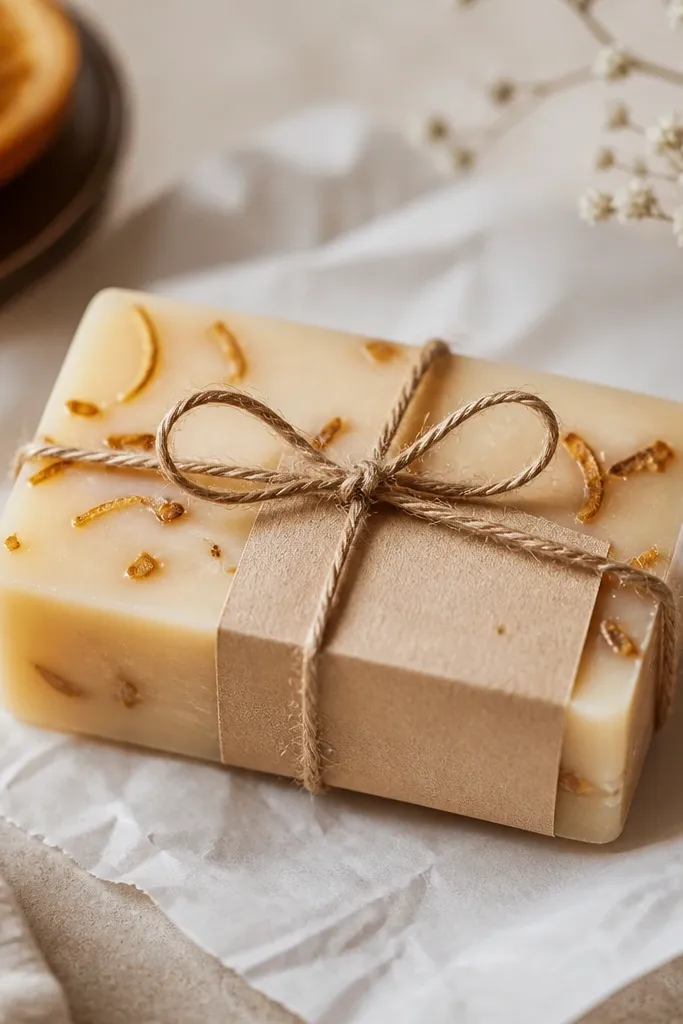 A small rectangular soap bar with a glossy top and thin dried orange peel pieces embedded. The bar sits on parchment paper with a kraft label and twine.