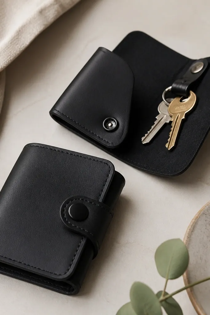 A compact key organizer wallet in black faux leather. It has a snap button at the front and a small interior strap holding keys, with neat edge stitching lines.