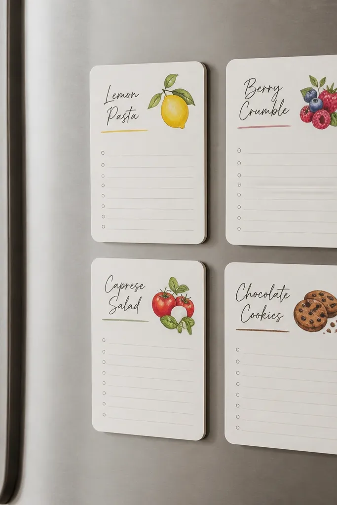 A set of four recipe cards with hand-lettered titles and simple ingredient lists. Each card has a small magnetic strip on the back and sits on a fridge.