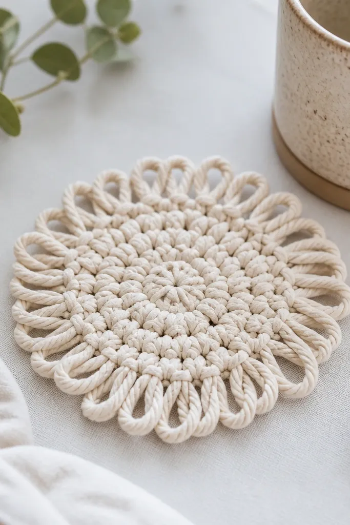 A small macrame-style coaster made from braided cord with a tight center knot. It's light beige with a slightly ruffled edge from cord loops.