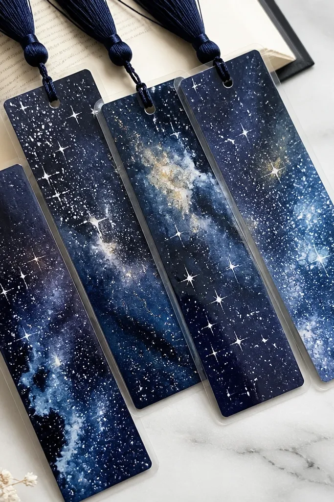 A set of galaxy-themed bookmarks with dark navy backgrounds, splattered white paint, and small stars drawn with a white paint pen. Each has a laminated finish and tassel.