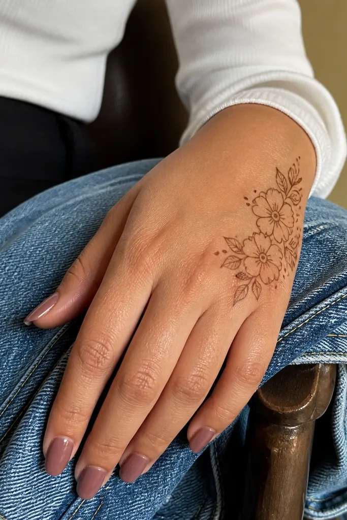 Small flower cluster at the upper outer back hand corner