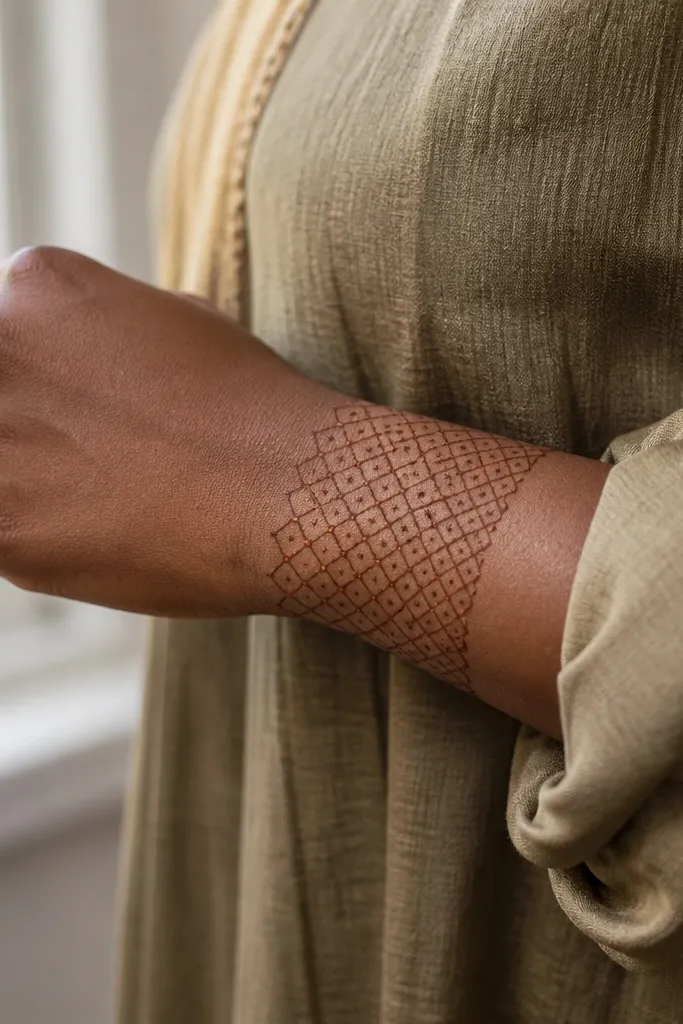 Half-moon net pattern around the wrist with open gaps