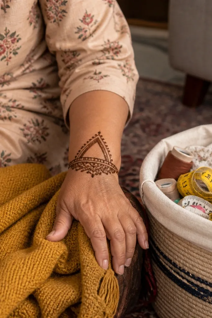 Wrist cuff with a small lace triangle in the upper corner