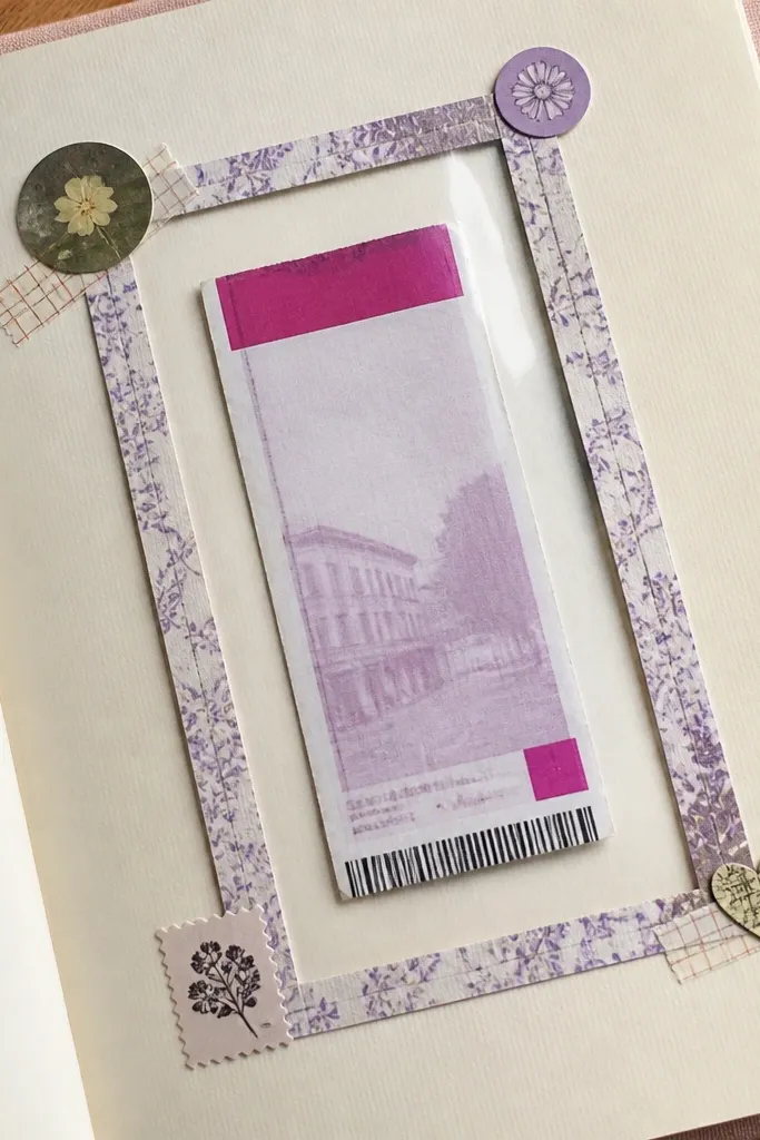 A scrapbook page with a framed ticket stub collage and a glossy clear cover