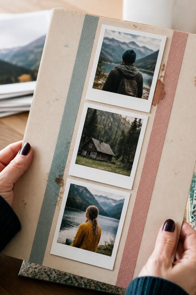Three polaroid-style strips held by colorful washi tape on a cream page