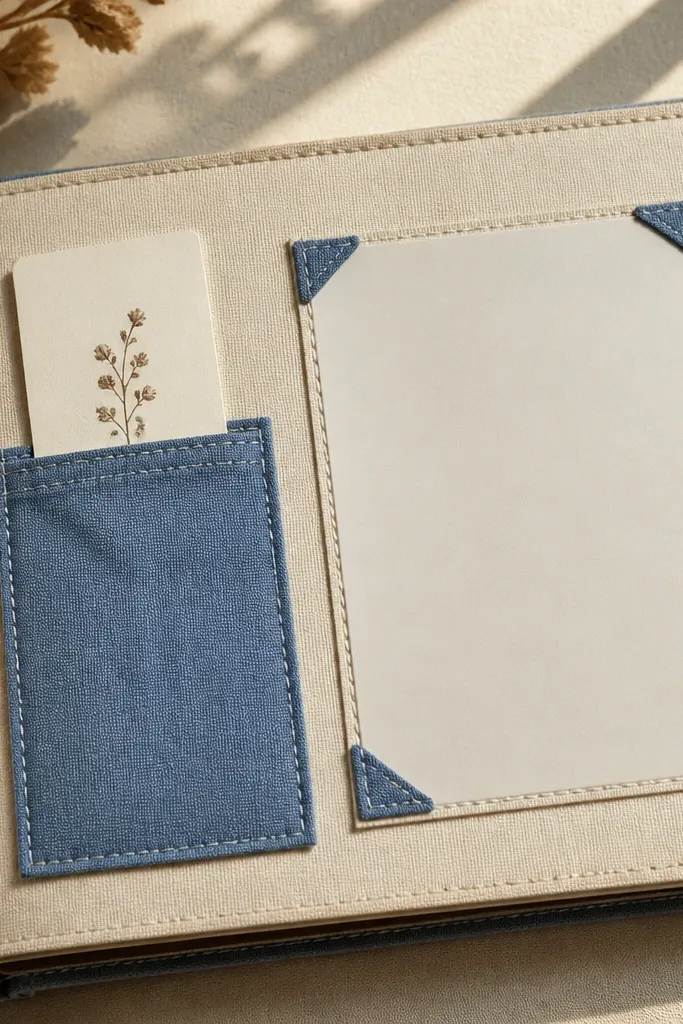 A scrapbook page with a fabric pocket holding a small bookmark card