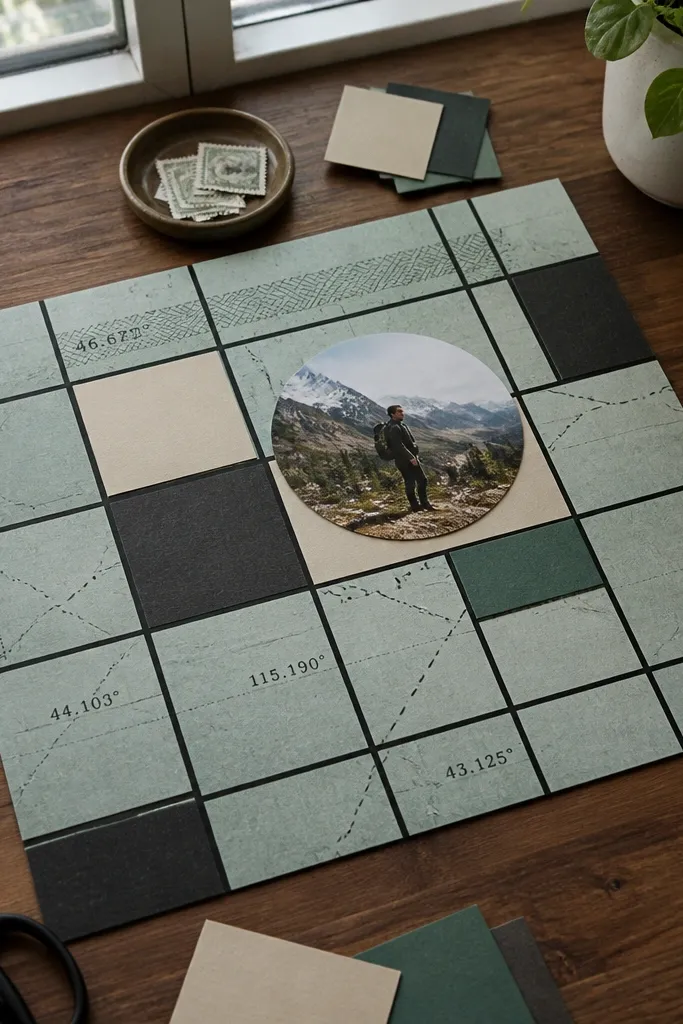A scrapbook page with a grid of small paper squares and coordinate-style labels